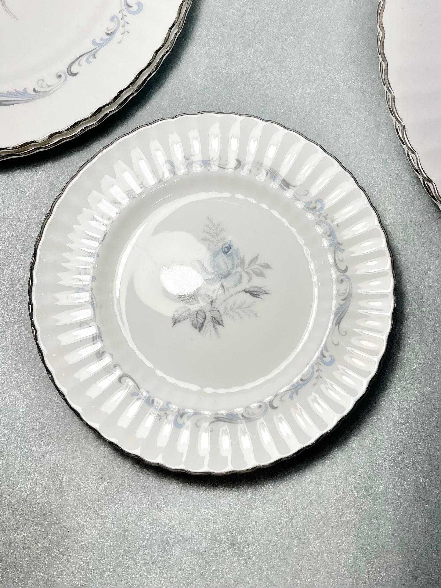 Vintage Paragon “Morning Rose” Silver Rim Dinner Dish Set Of 7