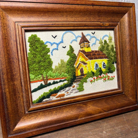 Vintage “Woodside Church” Crewel Framed Embroidery