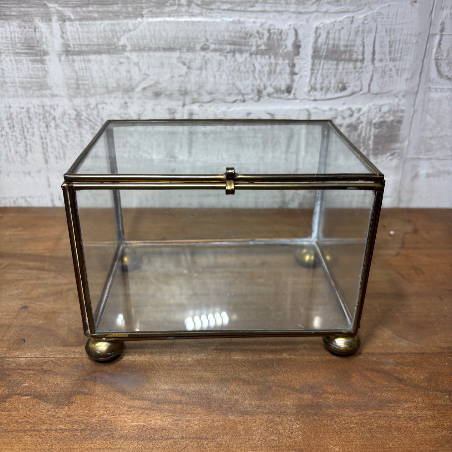 Vintage Brass Glass Jewelry Footed Trinket Box