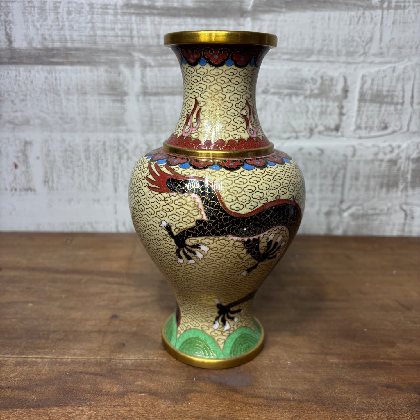 Vintage Cloisonné Asian Dragon Design Brass Vase