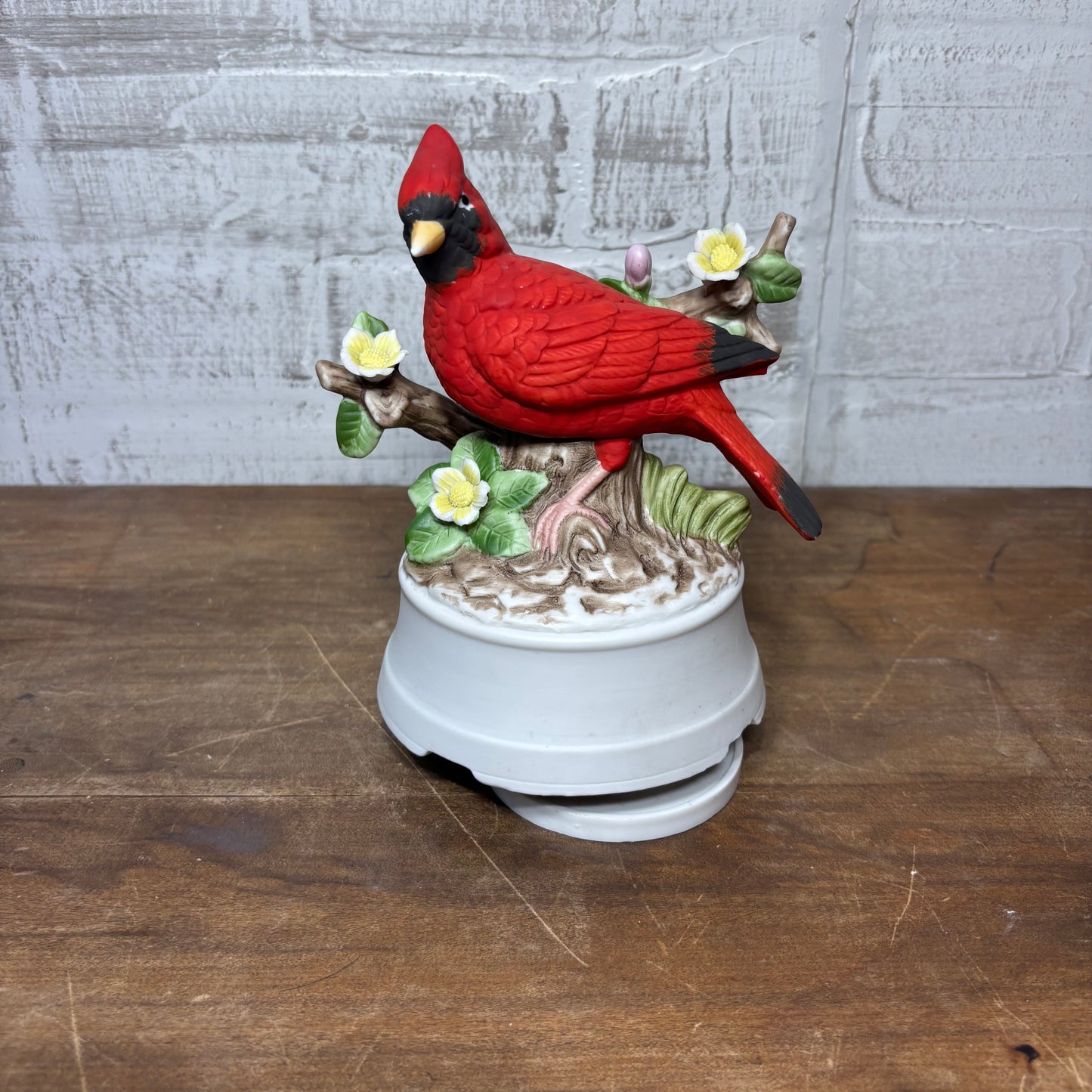 Vintage Red Cardinal Porcelain Spinning Music Box