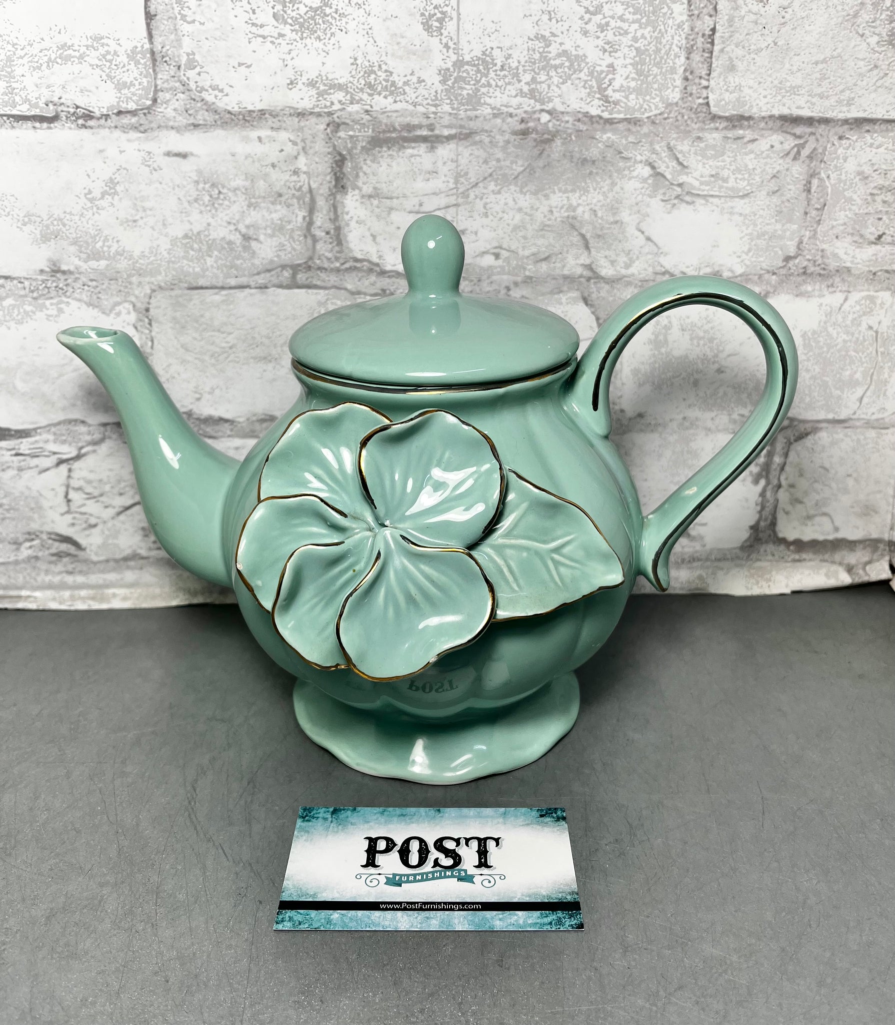 Vintage Flowered Teal Tea Pot