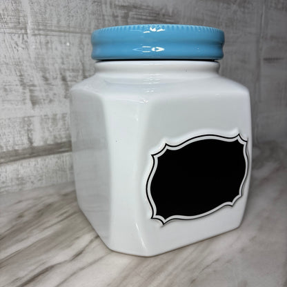 White Ceramic Canister W/ Blue Lid Chalkboard Label-Large