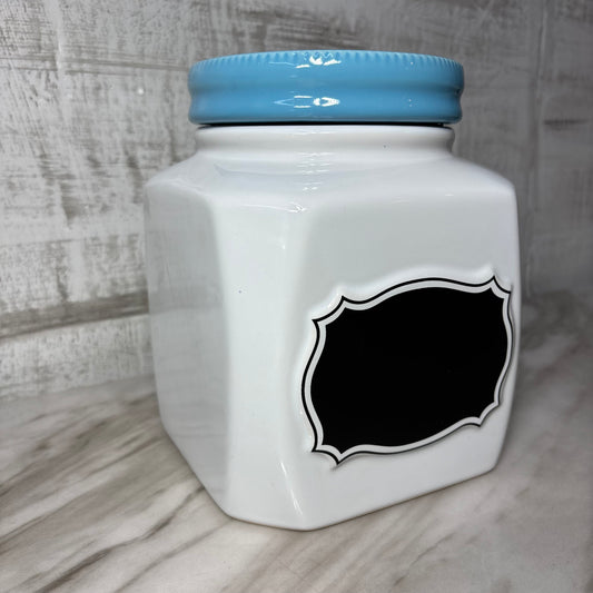 White Ceramic Canister W/ Blue Lid Chalkboard Label-Large