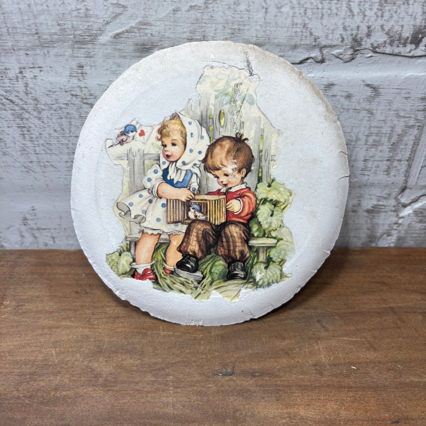 Vintage Nursery “Children With Birdcage” Wall Plaque