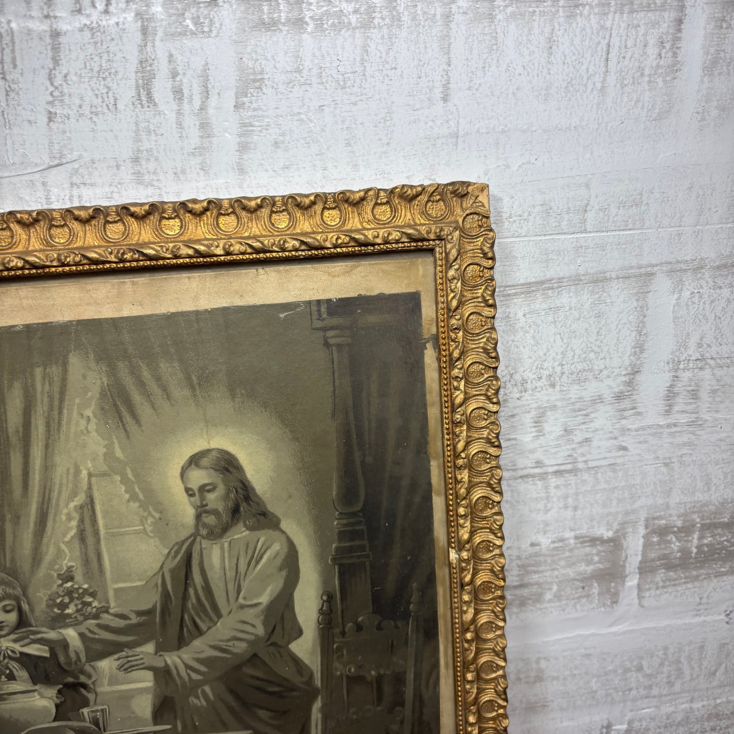 Framed Antique Print “Jesus Blessing Meal with Victorian Family at Dinner Table”