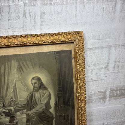 Framed Antique Print “Jesus Blessing Meal with Victorian Family at Dinner Table”