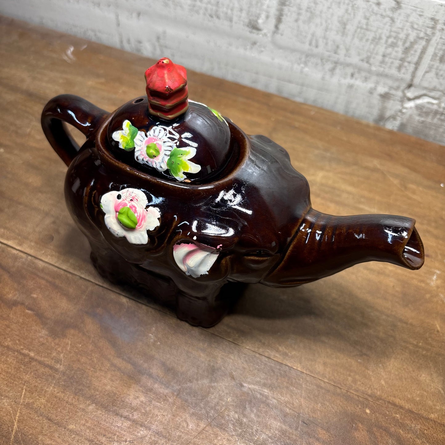 Vintage Japanese Brown W/Flowers Elephant Teapot