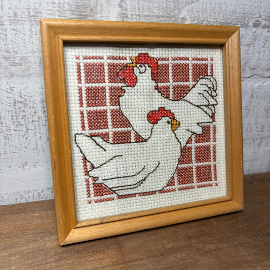 Vintage Cross Stitch Chicken/ Hens Framed Wall Decor