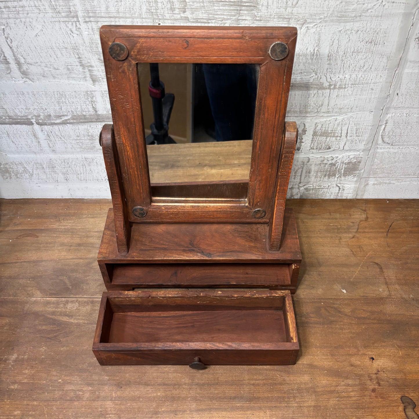 Antique Wood Tabletop Shaving/ Dressing Mirror
