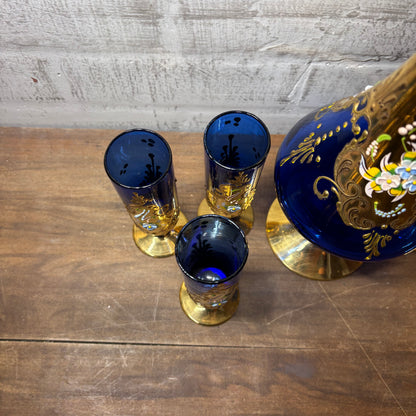 Vintage Venetian Italian Colbalt Blue Hand painted Decanter and Six Glasses