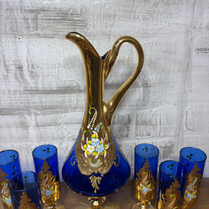 Vintage Venetian Italian Colbalt Blue Hand painted Decanter and Six Glasses