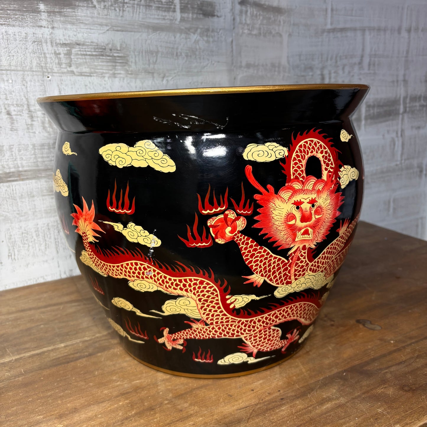 Rare Bombay Oriental Red Gold & Black Dragon Porcelain Fishbowl Planter Pot