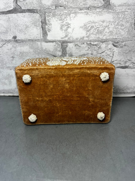 Vintage Tan Velvet W/ Sewn Beads Jewelry Box