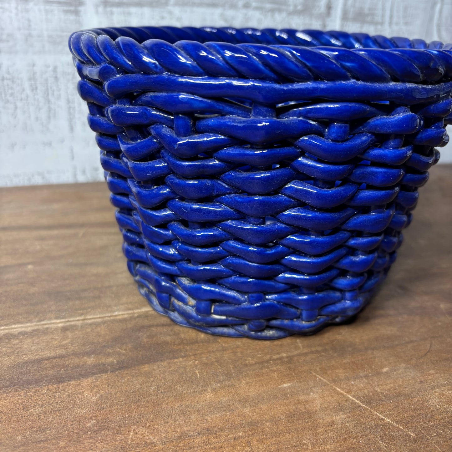 Cobalt Blue Woven Wicker Ceramic Planter