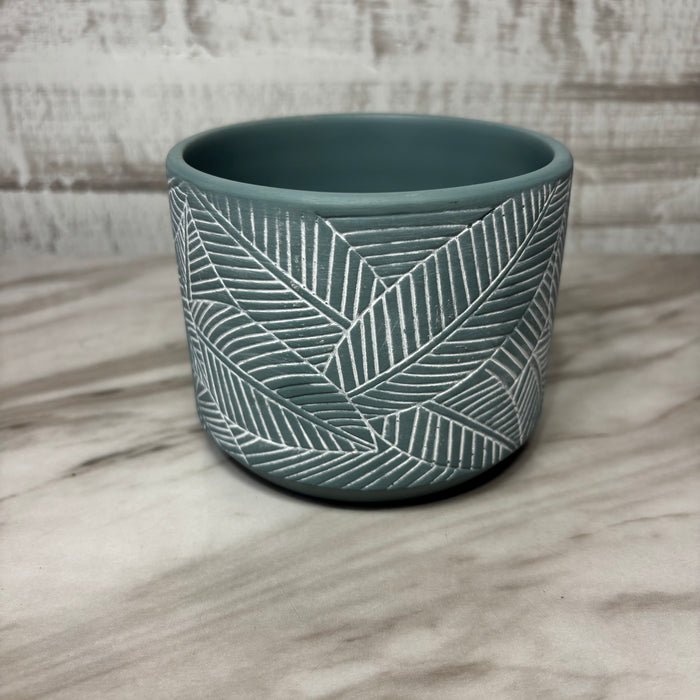 Blue Gray Ceramic Planter with Etched Leaf Pattern