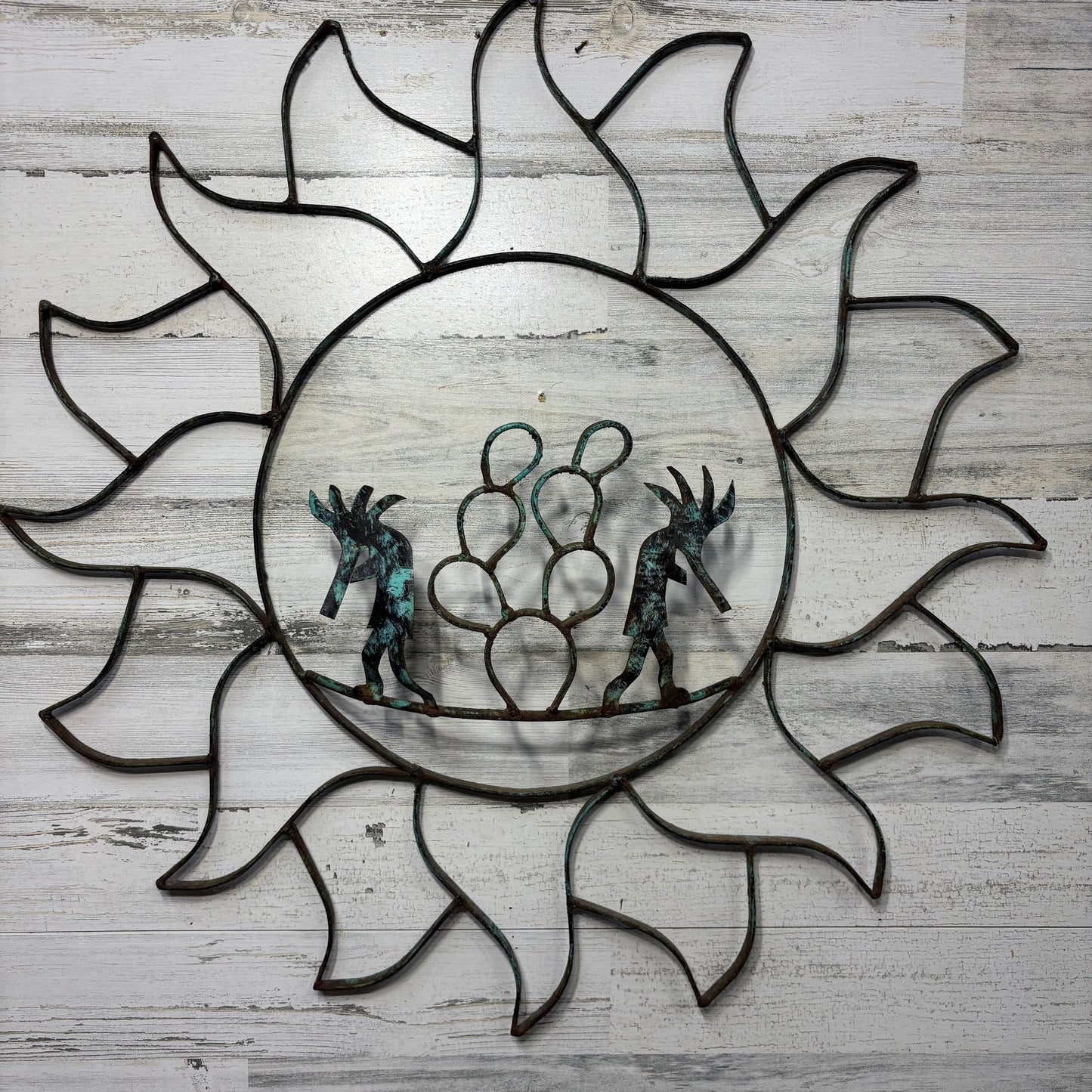 Vintage Sun Shaped Patina Metal Kokopelli Outdoor Decor