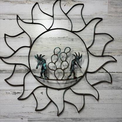 Vintage Sun Shaped Patina Metal Kokopelli Outdoor Decor