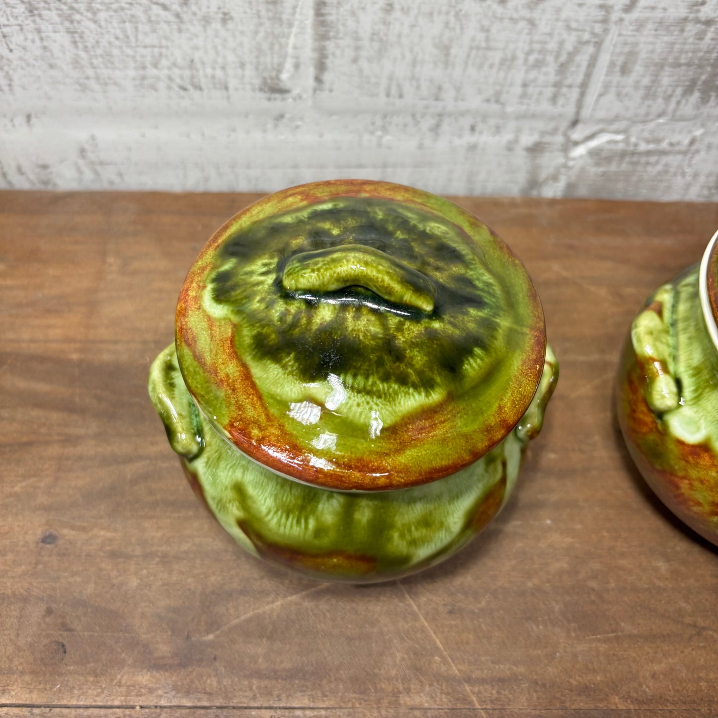 Vintage Glazed Lidded Bean Pots Set Of Two