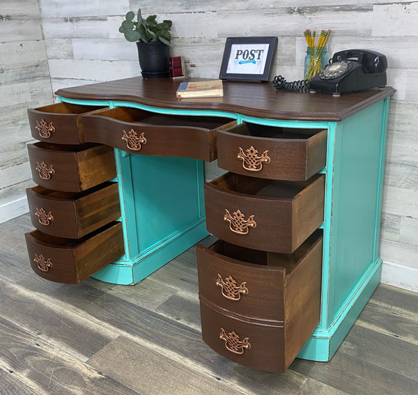 Antique Teal & Dark Wood Desk