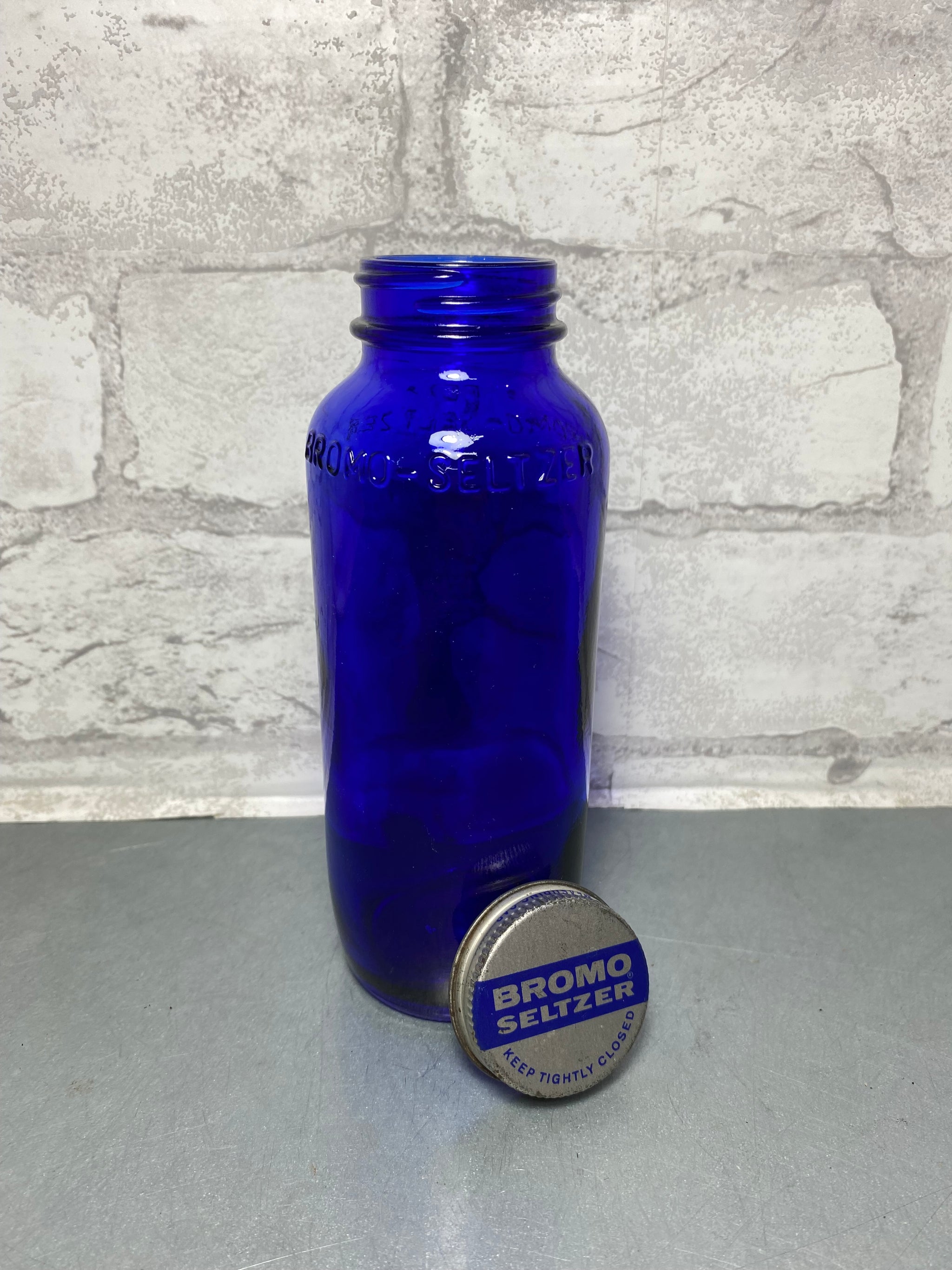 Vintage BROMO SELTZER Cobalt Blue Glass Dispenser With Pyro Glaze Writing. 4 1/4