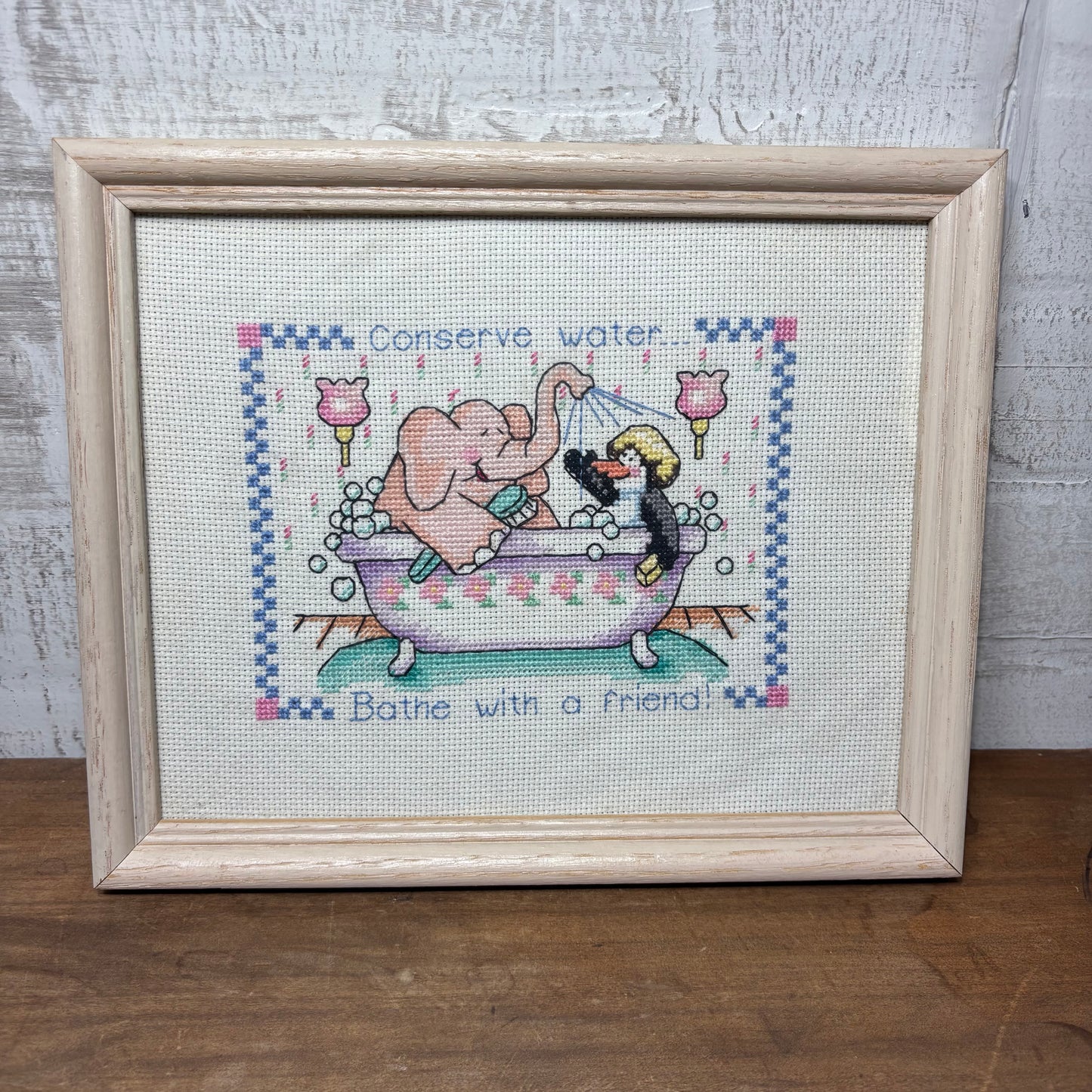 Hand Made Cross Stitched "Bathe with A Friend" Wall Art