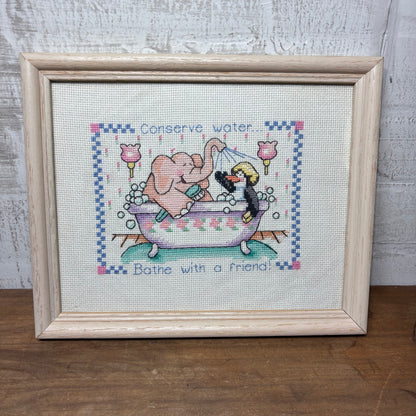 Hand Made Cross Stitched "Bathe with A Friend" Wall Art