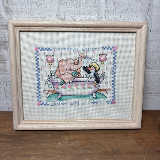 Hand Made Cross Stitched "Bathe with A Friend" Wall Art
