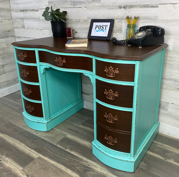 Antique Teal & Dark Wood Desk