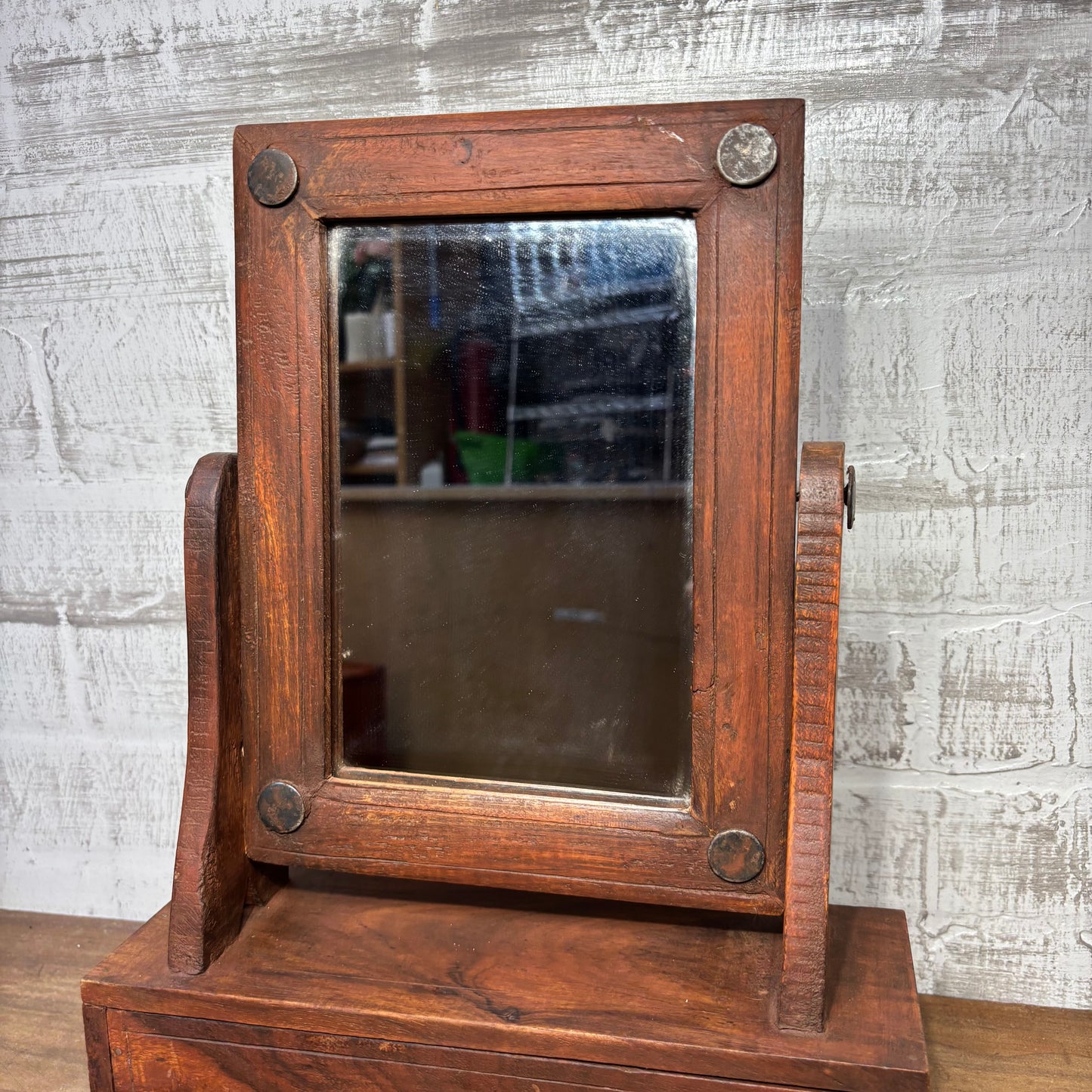 Antique Wood Tabletop Shaving/ Dressing Mirror