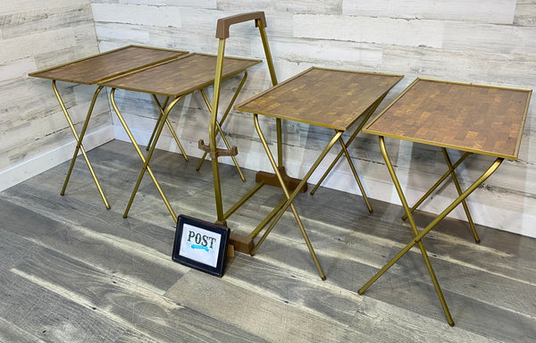 Vintage TV Trays With Stand Cart Set of 4 Faux Parquet Wood Metal Retro