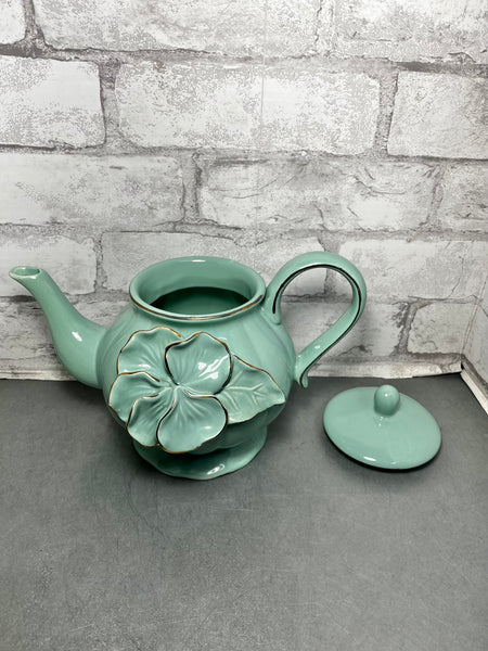 Vintage Flowered Teal Tea Pot