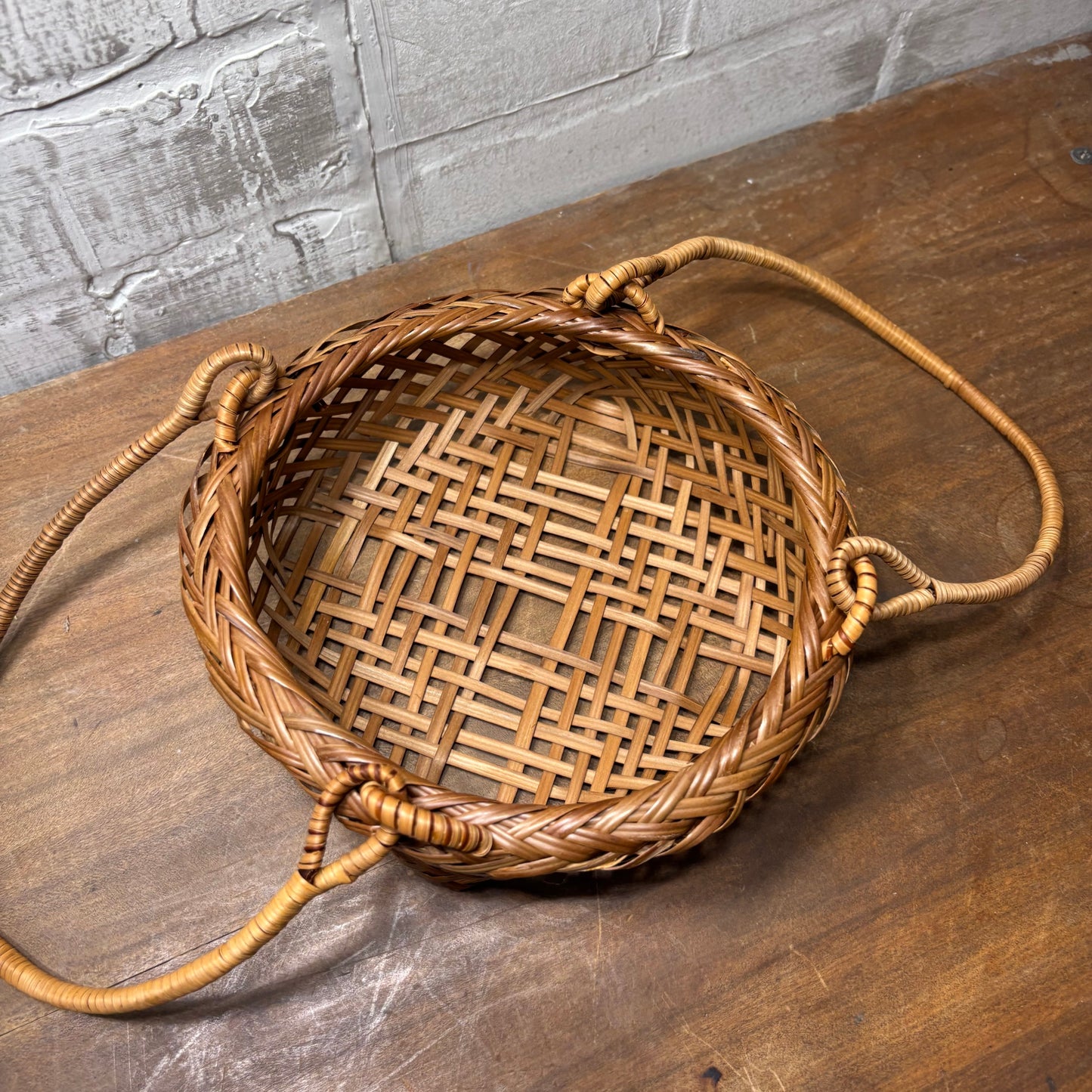 Mid Century Rattan Basket W/ Handles