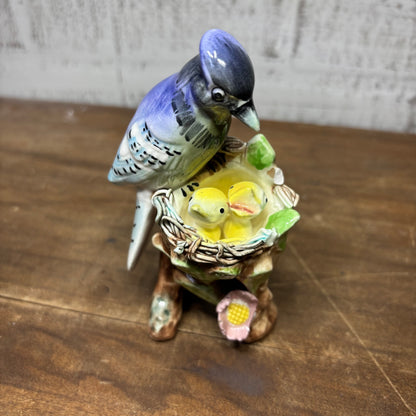 Vintage Porcelain Mama Blue Jay Statue