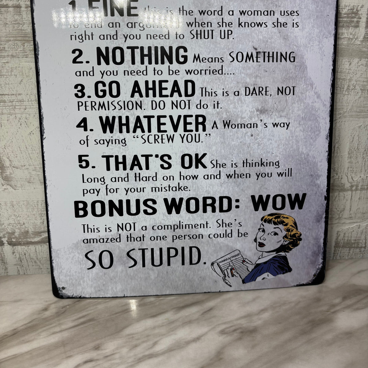 5 Deadly Terms Used by a Woman Novelty Tin Wall Sign
