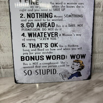 5 Deadly Terms Used by a Woman Novelty Tin Wall Sign