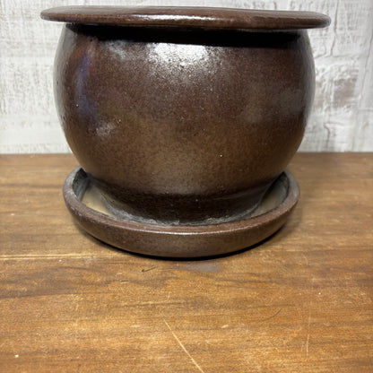 Brown Glaze Clay Pot W/ Attached Saucer