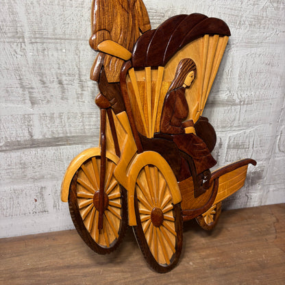 Vintage Carved Wood Rickshaw Ride Wall Art Decorative Tapestrie