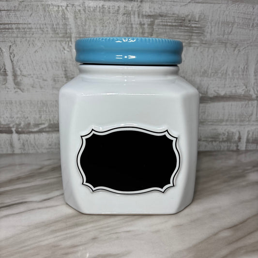 White Ceramic Canister W/ Blue Lid Chalkboard Label-Large