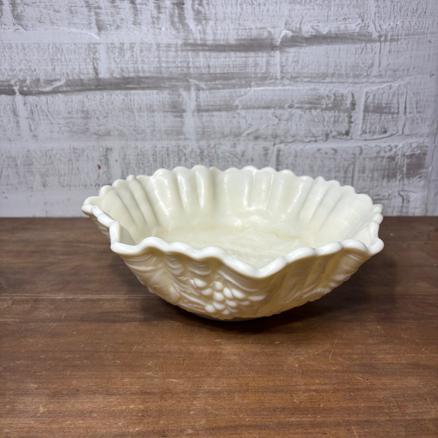 Vintage Imperial Custard Milk Glass Ruffled Crimped Edge Grape & Leaf Pattern Bowl