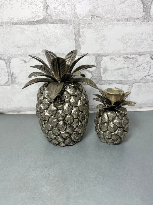 Mid Century Tole and Silver Metal Pineapple Candlesticks Set