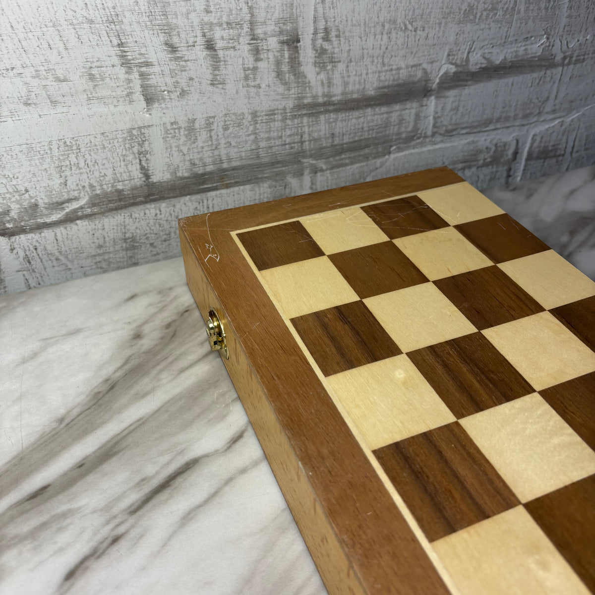 Vintage Wooden Folding Travel Chess Board with Pieces