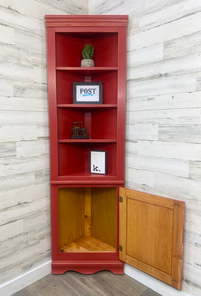 Farmhouse Red Corner Hutch Cabinet Shelf