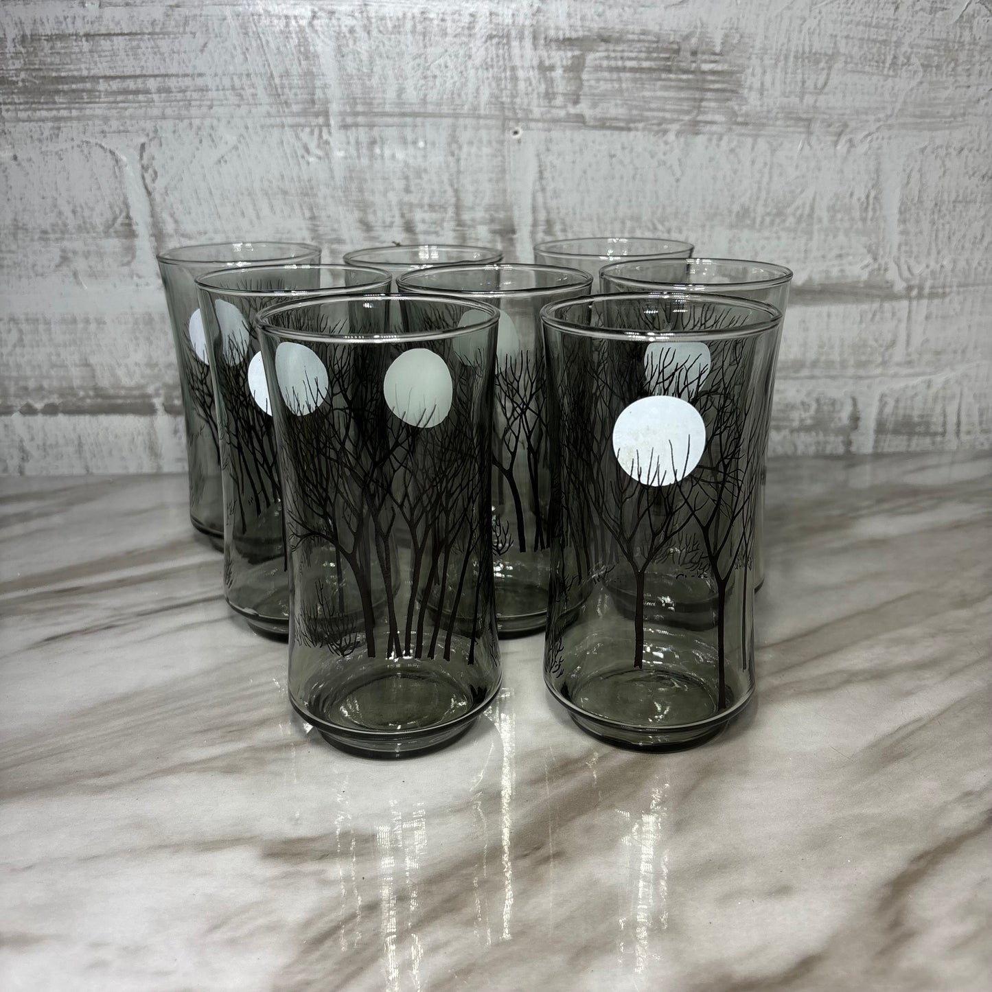 Smoked Gray Black Tree Moon Design Set Of 8 Glasses