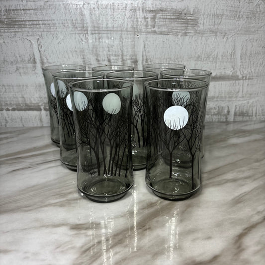 Smoked Gray Black Tree Moon Design Set Of 8 Glasses