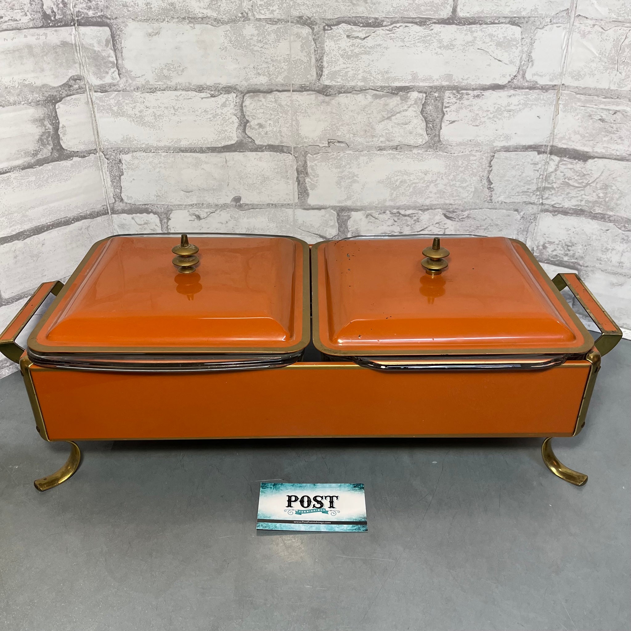 Vintage Rare Double Enamel Orange Fire King Chafing/Serving Dish