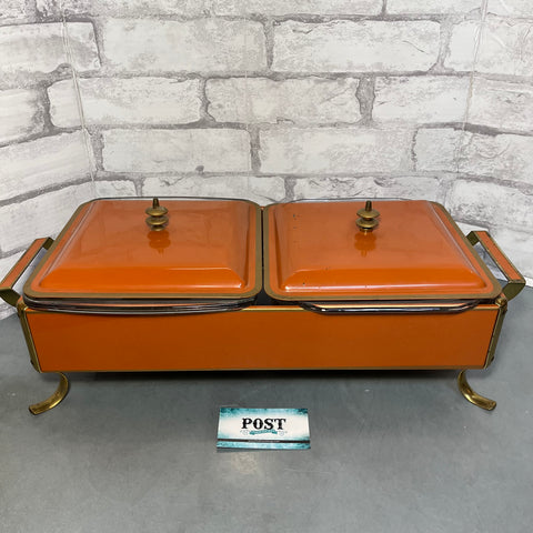 Vintage Rare Double Enamel Orange Fire King Chafing/Serving Dish