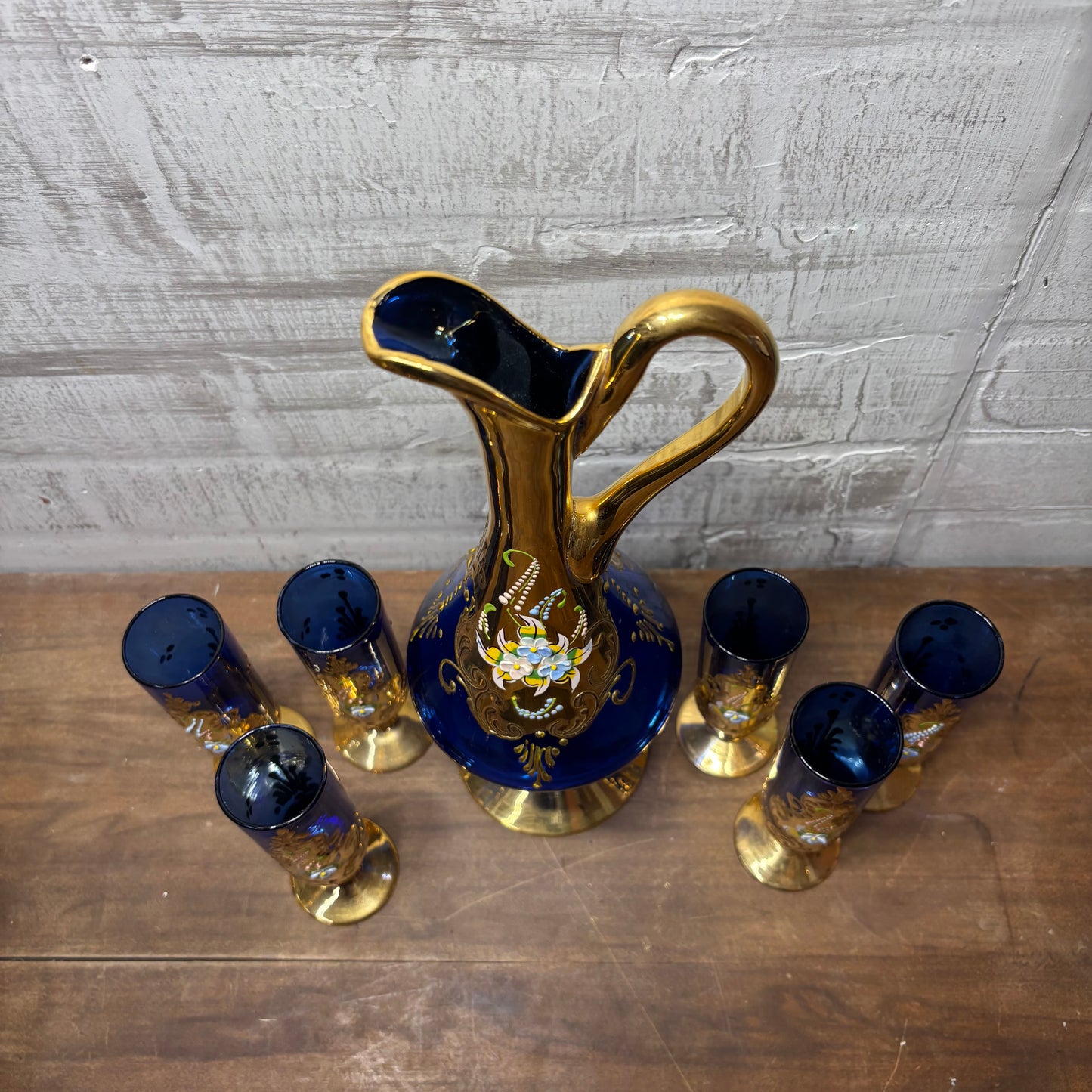 Vintage Venetian Italian Colbalt Blue Hand painted Decanter and Six Glasses