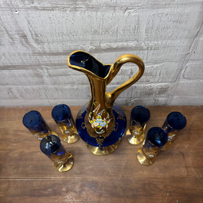 Vintage Venetian Italian Colbalt Blue Hand painted Decanter and Six Glasses