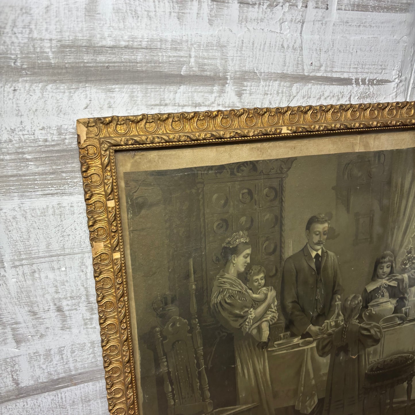 Framed Antique Print “Jesus Blessing Meal with Victorian Family at Dinner Table”
